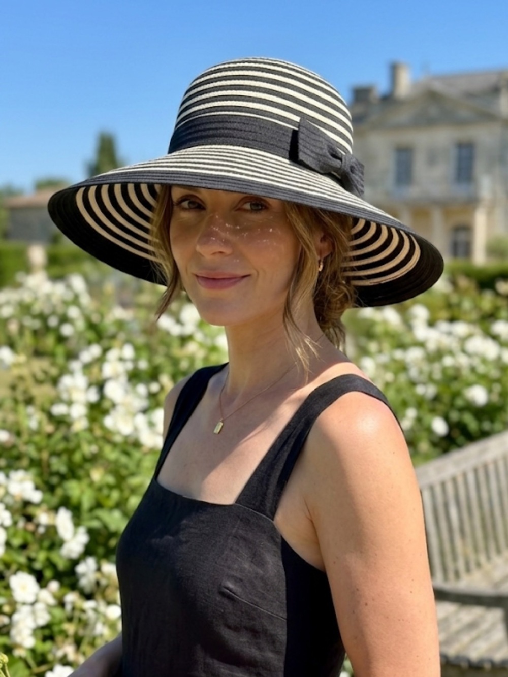 Sun n Sand Black Cream Fabric Striped Sun Hat Wide Brim Flexible Style Sun Hat